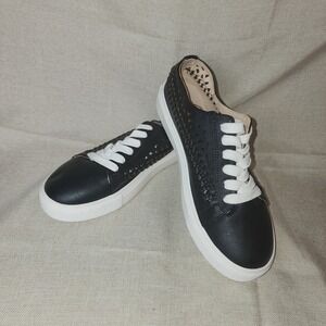 Sam Edelman Raina Women 8 Black Woven Lace Up Sneakers Quiet Luxury Minimalist